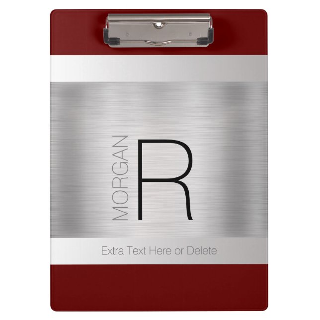 Monogram & Name Black Grey Deep Red Brushed Silver Clipboard (Front)