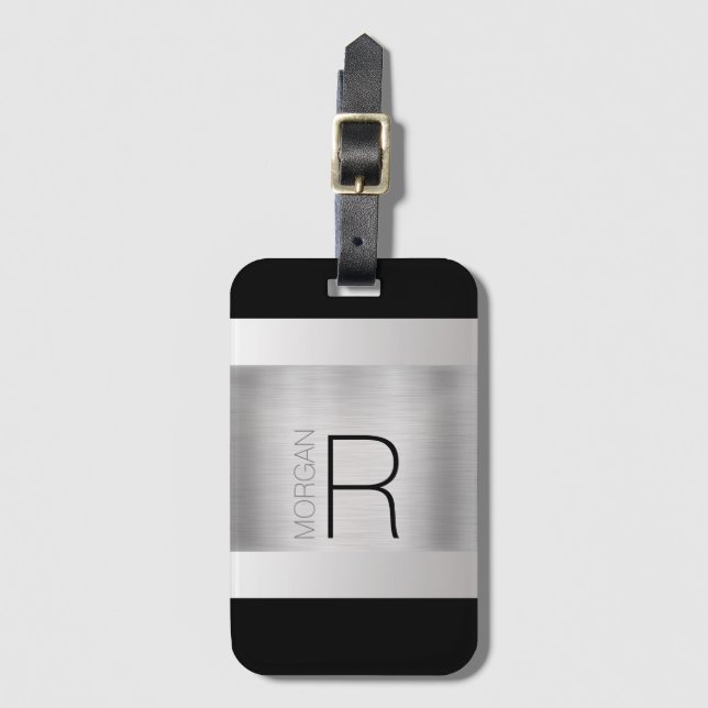 Monogram Name, Black Grey Text, Brushed Silver Luggage Tag (Front Vertical)