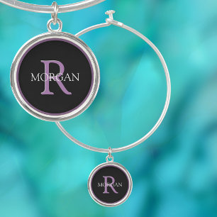 Monogram & Name, Black Lavender And White Text Bangle Bracelet