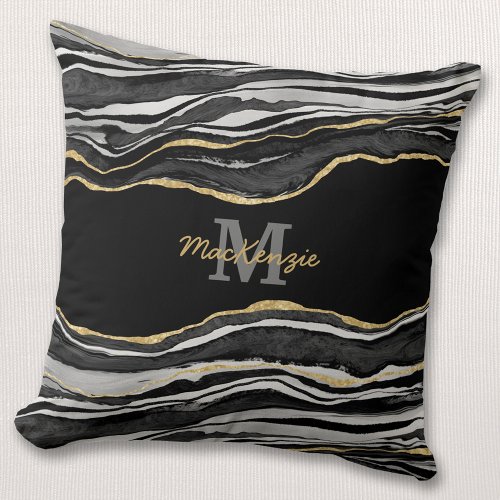Monogram Name Black Marble Agate Gold Glitter Throw Pillow