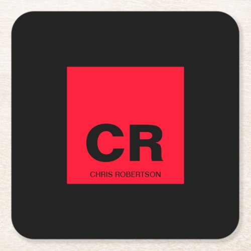 Monogram Name Black Red Create Custom Gift Square Paper Coaster