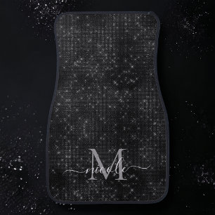 Monogram Name Black Sparkle Brushed Glitter Metal Car Floor Mat