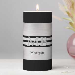 Monogram & Name Black Stripes on Silver Pillar Candle