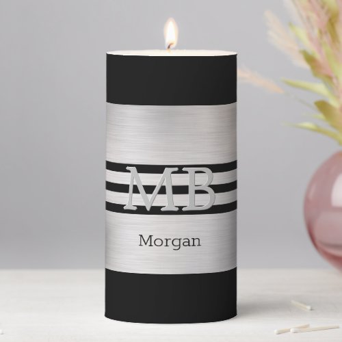 Monogram  Name Black Stripes on Silver Pillar Candle