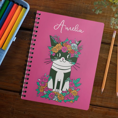 Monogram Name Black White Cat Pink Notebook