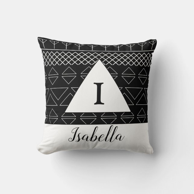 Monogram Name Black White Geometric Pattern Throw Pillow (Front)