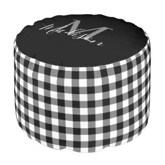 Monogram Name Black White Gingham Pattern Pouf