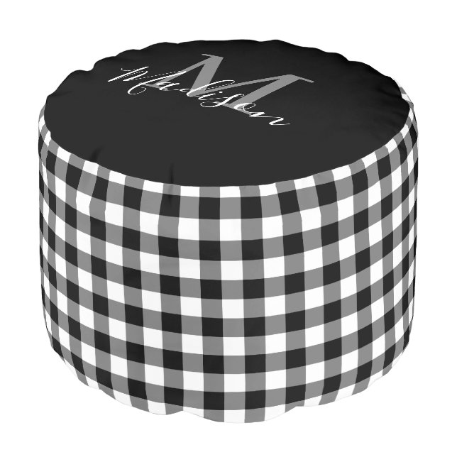 Monogram Name Black White Gingham Pattern Pouf (Angled Front)