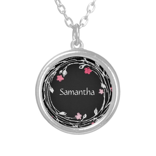 Monogram Name Black White Pink Red Floral Wreath  Silver Plated Necklace (Front)