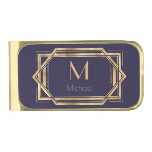 Monogram & Name Blue and Gold Geometric Art Deco Finish Money Clip