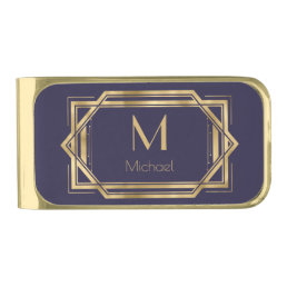 Monogram &amp; Name Blue and Gold Geometric Art Deco Gold Finish Money Clip