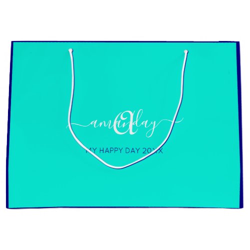 Monogram Name Blue Aqua Bridal Sweet 16th Wedding  Large Gift Bag