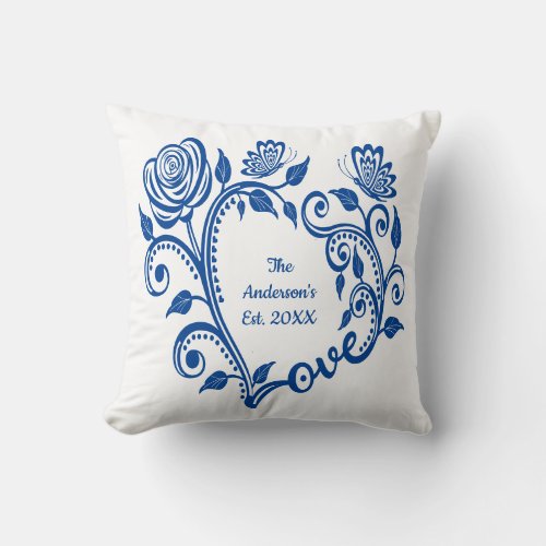 Monogram Name Blue Butterflies Flowers Love Heart Throw Pillow