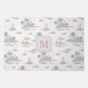 Monogram Name Blue Coastal Tropical French Toile Doormat