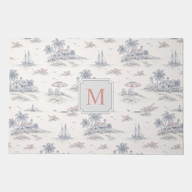 Monogram Name Blue Coastal Tropical French Toile Doormat (Front)