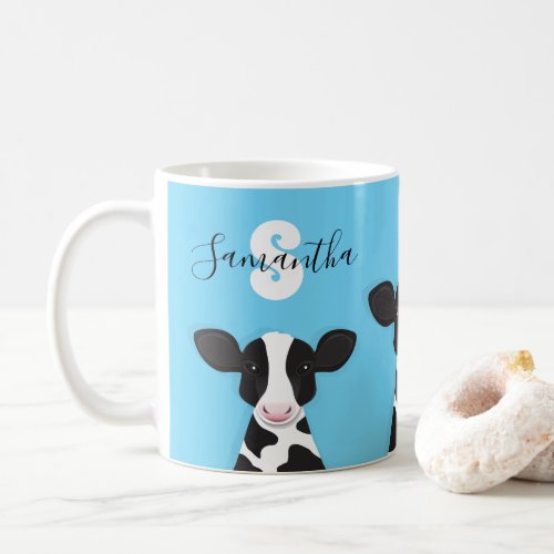 Monogram Name Blue Cow Animal Coffee Mug