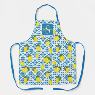 Monogram Name Blue French Tile Lemon Pattern  Apron