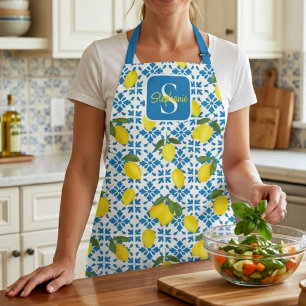 Monogram Name Blue French Tile Lemon Pattern  Apron