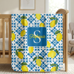 Monogram Name Blue French Tile Lemon Pattern  Baby Blanket
