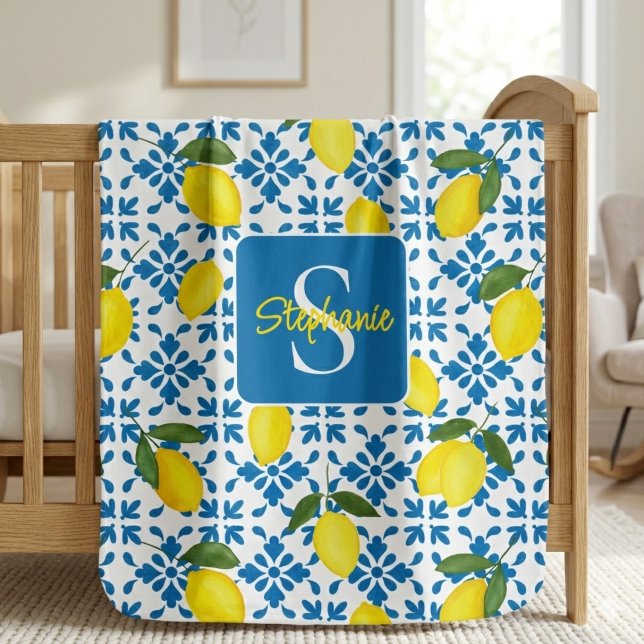 Monogram Name Blue French Tile Lemon Pattern  Baby Blanket (Creator Uploaded)