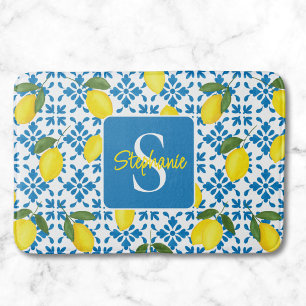 Monogram Name Blue French Tile Lemon Pattern Bath Mat