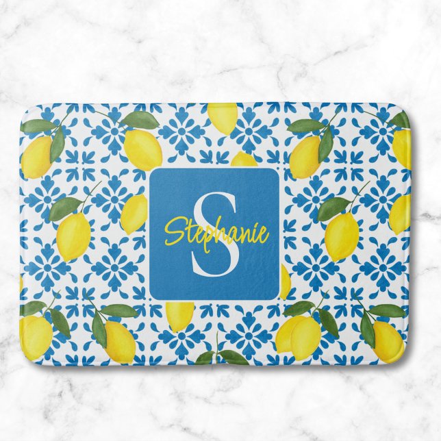 Monogram Name Blue French Tile Lemon Pattern  Bath Mat (Creator Uploaded)