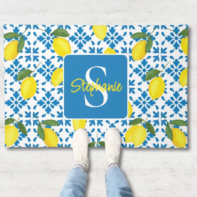 Monogram Name Blue French Tile Lemon Pattern  Doormat (Creator Uploaded)
