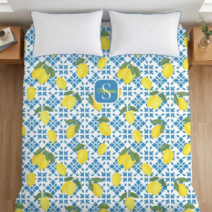 Monogram Name Blue French Tile Lemon Pattern  Duvet Cover