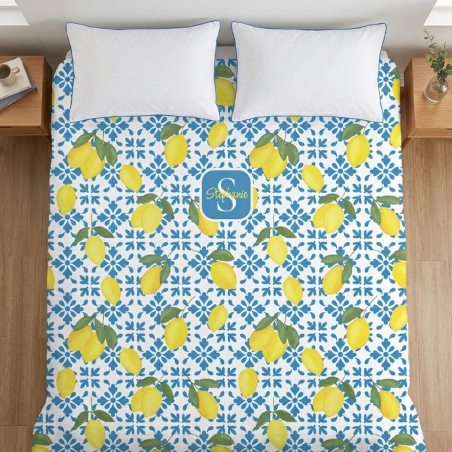 Monogram Name Blue French Tile Lemon Pattern  Duvet Cover (Creator Uploaded)