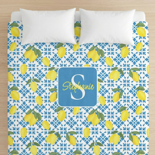 Monogram Name Blue French Tile Lemon Pattern  Duvet Cover