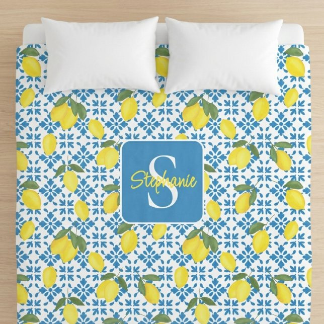 Monogram Name Blue French Tile Lemon Pattern  Duvet Cover (Creator Uploaded)