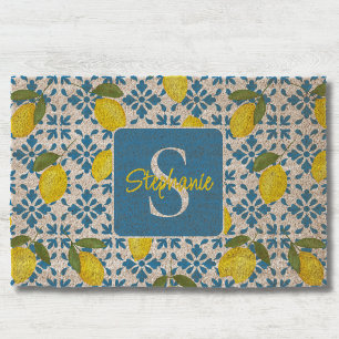 Monogram Name Blue French Tile Lemon Pattern  Fiber Doormat