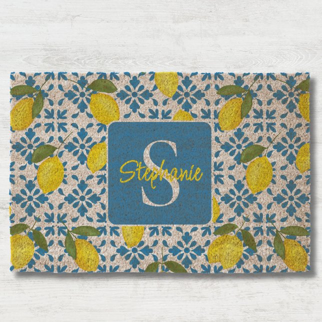 Monogram Name Blue French Tile Lemon Pattern  Fiber Doormat (Creator Uploaded)