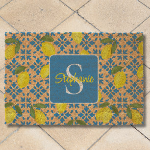 Monogram Name Blue French Tile Lemon Pattern Fiber Doormat