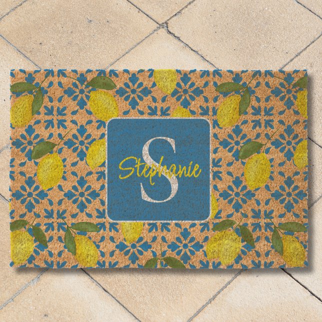 Monogram Name Blue French Tile Lemon Pattern  Fiber Doormat (Creator Uploaded)