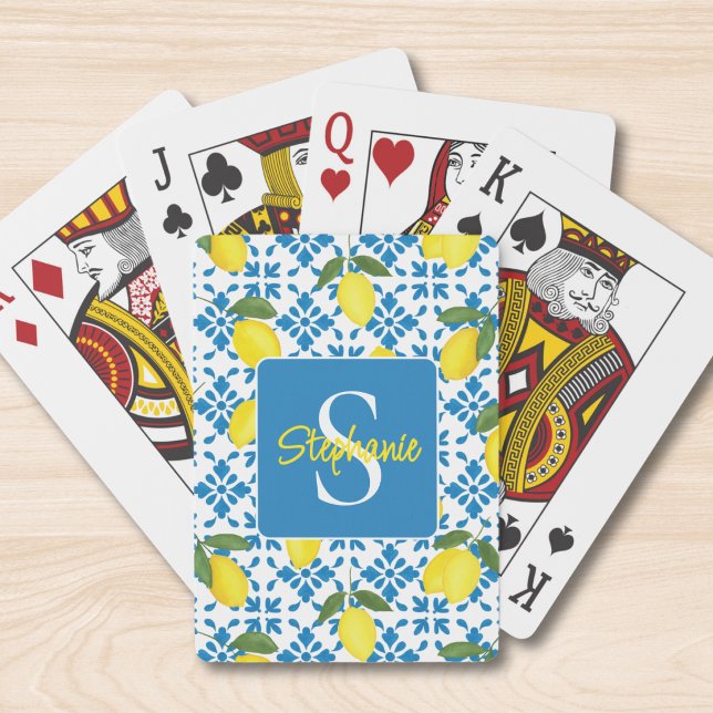 Monogram Name Blue French Tile Lemon Pattern  Poker Cards (Creator Uploaded)