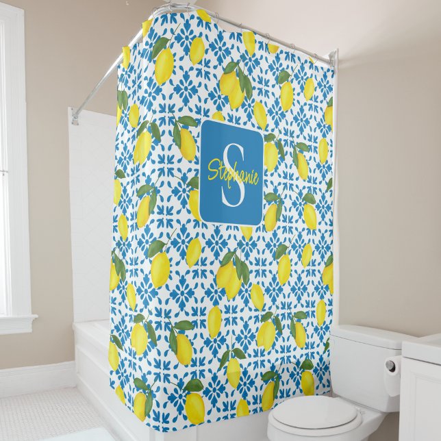 Monogram Name Blue French Tile Lemon Pattern  Shower Curtain (Creator Uploaded)
