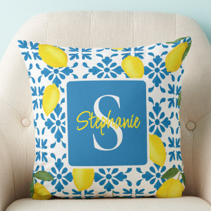 Monogram Name Blue French Tile Lemon Pattern Throw Pillow