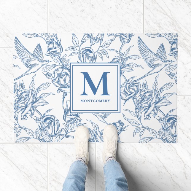 Monogram Name Blue French Toile Doormat (Indoor)