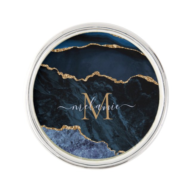 Monogram Name Blue Gold Gemstone Marble Lapel Pin (Front)
