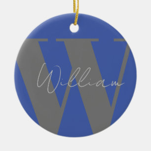 Monogram name blue gray stylish modern gift design ceramic ornament