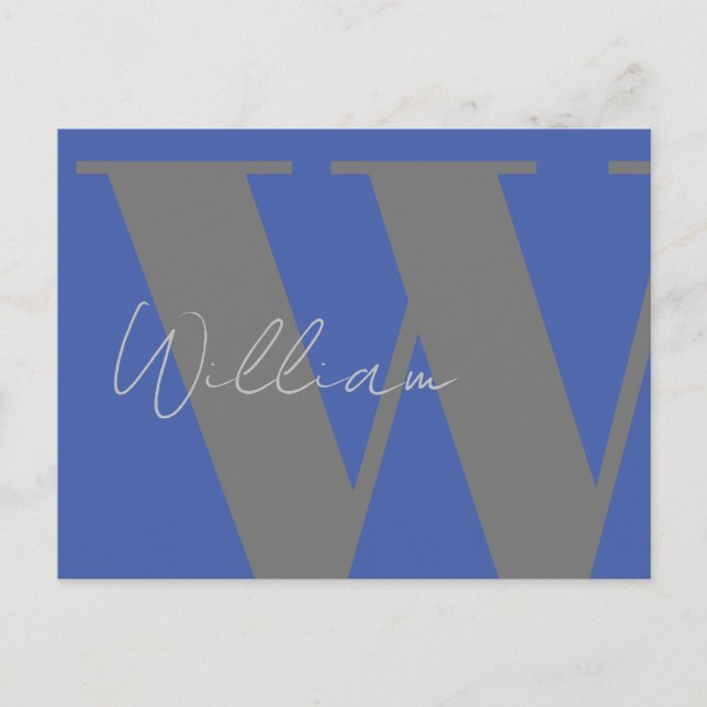 Monogram name blue gray stylish modern postcard (Front)