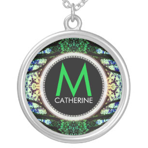 Monogram Name Blue Green Batik Necklace