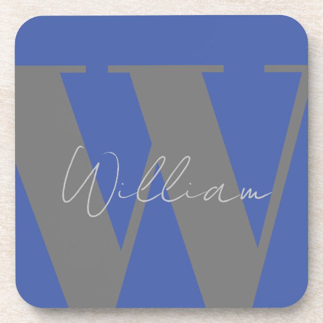 Monogram name blue grey stylish gift beverage coaster (Front)