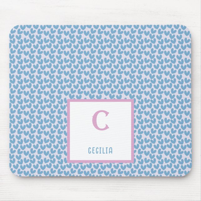 Monogram Name Blue Hearts & White Dots Pattern Mouse Pad (Front)