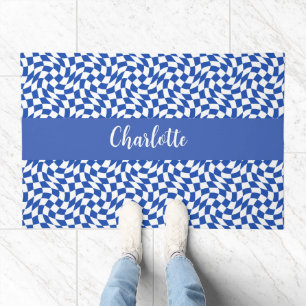 Monogram Name Blue modern retro swirl checkered Doormat