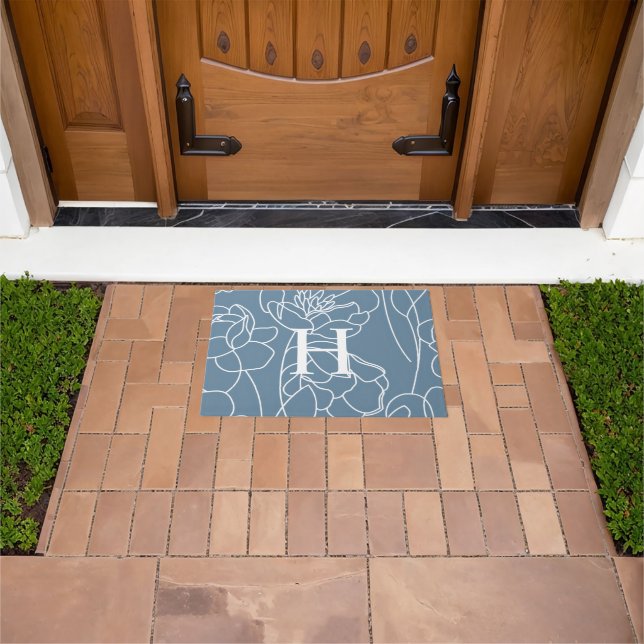 Monogram Name Blue Modern Wildflower Doormat (Outdoor)