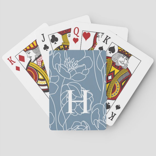 Monogram Name Blue Modern Wildflower Poker Cards (Back)