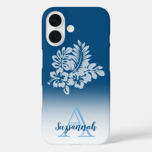 Monogram Name Blue Ombre Tropical Hibiscus Flowers iPhone 16 Case