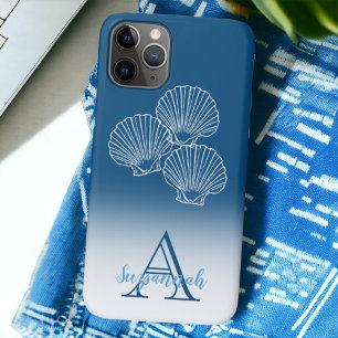 Monogram Name Blue Ombre Tropical Scallop Shells iPhone 11 Pro Case